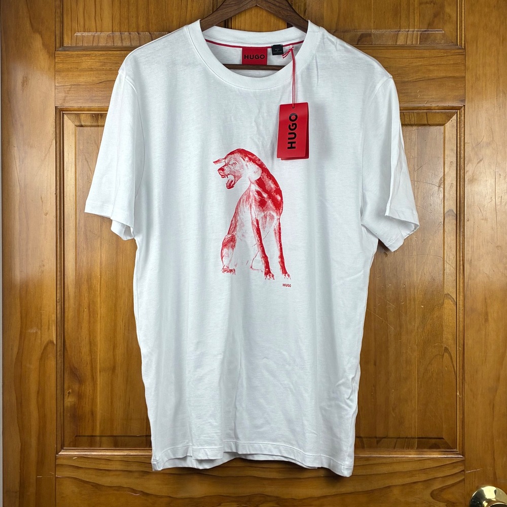 HUGO Didug Cotton Jersey T-Shirt White Red Dog Graphic Artwork Mens Medium NWT